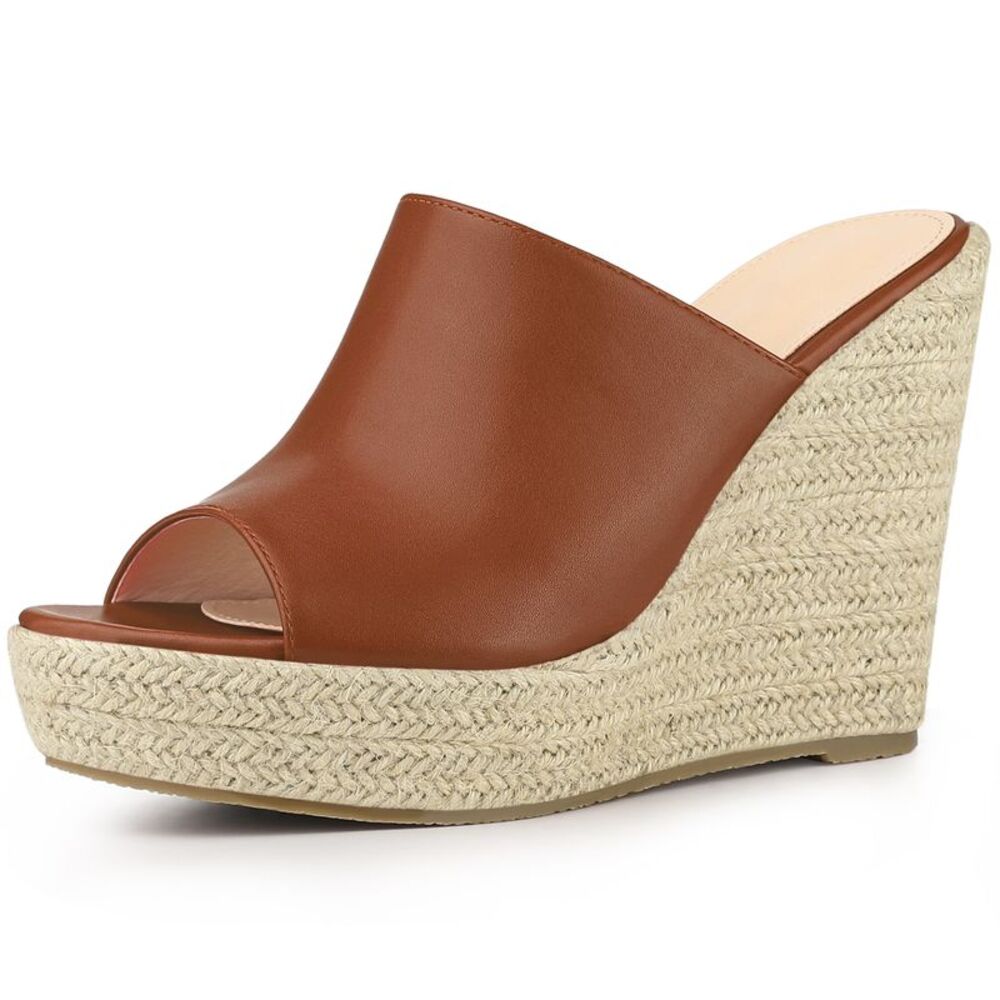 Open Toe Espadrille Wedge Heel Platform Slide Sandal Brown